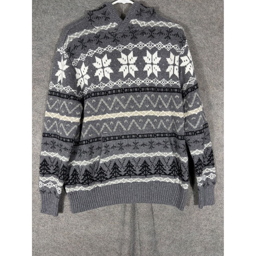 American Eagle Mens Grey Fair Isle Snowflake Pine Tree Hooded Sweater Medium